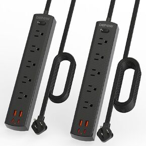 2 Pack Surge Protector Power Strip, Ultra Thin 6 Ft Flat Plug Extension Cord, 1700 Joules, 5 Widely Spaced Outlets with 4 USB Ports (2USB-C), 1875W/15A, Wall Mount for Home Office, Black
