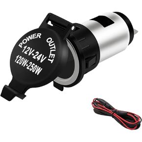 Cigarette Lighter Plug Socket, DC 12V/24V Car Cigarette Lighter Adapter with Extension Cable, Waterproof Power Outlet Socket Replacement with Cover Wiring Harness (Black)