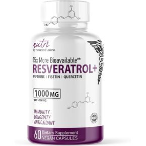 Nutri Resveratrol 1000mg Organic Piperine -15x More Bioavailable Pure Trans Resveratrol Supplement with Liposomal Quercetin and Fisetin - Antioxidant, Longevity, Resveratrol 2000mg - 60 Vegan Capsules