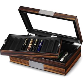 Pen Display Box Ebony Wood Pen Display Case,Fountain Pen Storage Box,20 Pen Organizer Box with Glass Window Pen Collection Box with Tray