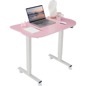 Okin Pink Height Adjustable Desk, 40" Electric Standing Small Desk for Small Spaces, Cat Shape Cute Desk for Teenager, Student, School, Bedroom, Rolling Study Writing Gaming Computer Desk with Wheels