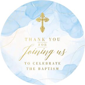 Baptism Stickers for Boys | 2 inch | Blue Watercolor with Gold Foil Cross| 60pcs Waterproof Thank You Stickers Baptism Favor Tag Labels