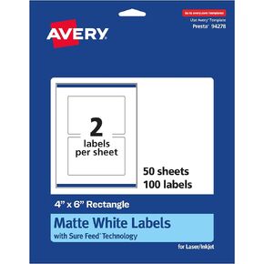 Avery Matte White Rectangle Labels with Sure Feed, 4" x 6", 50 White Labels, Print-to-The-Edge, Permanent Label Adhesive, Laser/Inkjet Printable Labels
