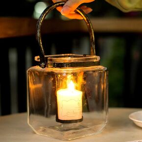 Diamond Star Glass Candle Lantern Decorative Candle Holder Outdoor Table Lantern with Metal Handle (M(4.3"×4.3"×7.1"))