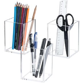 MyGift Modern Premium Clear Acrylic Desktop Pen Pencil Cup, Transparent Rectangular Office Desk Stationery Supplies Storage Organizer Holder, Set of 3