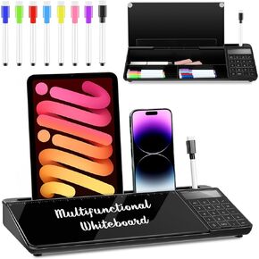 Perkoop Desktop Glass Board Glass Dry Erase Board, with Phone Tablet Slot, Storage Compartment Includes 8 Pcs Erase Markers Desk Computer(Black, Calculator)
