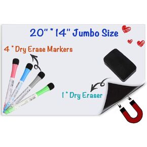 Magnetic Whiteboard for Fridge, Large 20 x14 inch Dry Erase Board for Refrigerator, Magnetic Self Adhesive White Board Sheet Reminder Notepad w/Eraser 4 Markers for Memo Grocery List Office Planner