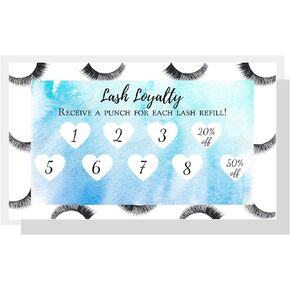 Lash Extension Loyalty Punch Card,50 Pack,3.5 x 2 inch inches Business Card,Lash Print Border with Blue Watercolor Inlay Design