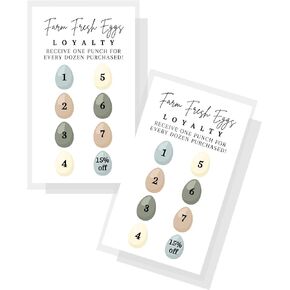 Farm Fresh Eggs Loyalty Cards | 50 Pack | 2x3.5" inches Business Card | Fresh Farm Eggs | Chicken Coop Supplies | White Card with Multi-Color Eggs Design