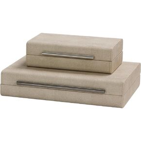 Kingflux Ivory Shagreen Set of 2pcs Decorative Boxes Storage Boxes for Modern Home Decor Jewelry Organizer, Women and Men's Accessory Organizer with Gun Grey Metal Handle (Ivory)