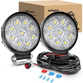 Nilight 2PCS 27W Round Flood Driving Lamp Waterproof Jeep Off Road Fog Lights with Off Road Wiring Harness- 2 Leads