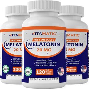 Vitamatic Melatonin 20mg Tablets | Vegetarian, Non-GMO, Gluten Free | HIGH Potency 20 MG | Natural Berry Flavor (1/2 Tablets = Melatonin 10mg) (120 Count (Pack of 3))