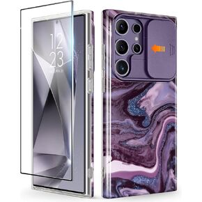 GVIEWIN Designed for Samsung Galaxy S24 Ultra Case with Slide Camera Cover+Screen Protector, [Military Grade Shockproof] Marble Slim Protective Phone Case for S24 Ultra 5G 6.8" (Quicksand/Purple)
