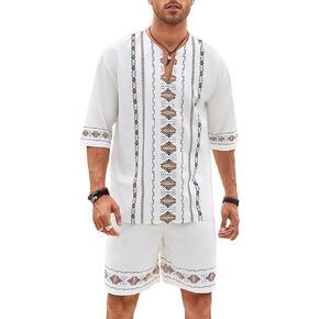 WDIRARA Men's 2 Piece Outfits Boho Print Notched Neck 3/4 Sleeve Top and Shorts Set