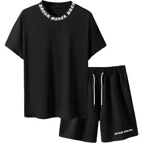 WDIRARA Men's 2 Piece Outfit Letter Graphic Tee And Drawstring Waist Shorts Set