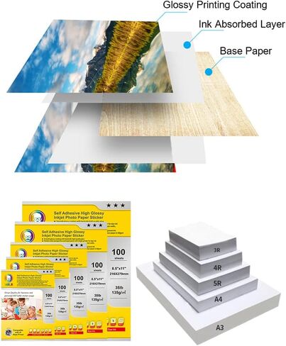 ورق صور قابل للطباعة بنفث الحبر ذاتي اللصق عالي اللمعان 50 ورقة لكل حزمة 135/80 جرامًا للمتر المربع 8.5 × 11 بوصة حجم الرسالة 216 × 279 مم in Kuwait