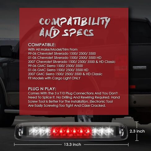 3rd Third Brake Light LED Compatible with 1999-2006 Chevrolet Silverado 1500 2500 3500 & HD Classic High Mount Stop Third Center Cargo Rear Brake Light Bar Taillight (Black Smoke) in Kuwait