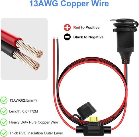 24 فولت 12 فولت مقبس ولاعة السجائر، 6.6FT 13AWG أنثى ولاعة السجائر التوصيل تمديد الحبل مع 3PCS شفرة الصمامات، مقاوم للماء 12 فولت مقبس الطاقة استبدال المقبس للسيارة البحرية دراجة نارية RV شاحنة in Kuwait