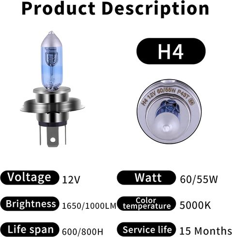 مصباح أمامي هالوجين 9003 H4 مع ضوء أبيض فائق طويل العمر بديل P43T 12V 55W/60W (عبوتان) in Kuwait