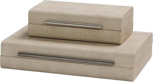 مجموعة Kingflux Ivory Shagreen مكونة من قطعتين صناديق تخزين مزخرفة لمنظم مجوهرات ديكور المنزل الحديث، منظم إكسسوارات للنساء والرجال مع مقبض معدني رمادي (عاجي) in Kuwait