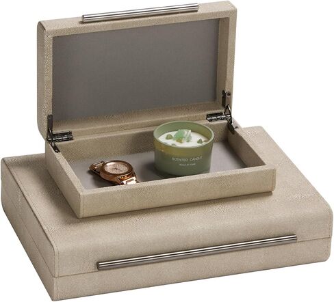 مجموعة Kingflux Ivory Shagreen مكونة من قطعتين صناديق تخزين مزخرفة لمنظم مجوهرات ديكور المنزل الحديث، منظم إكسسوارات للنساء والرجال مع مقبض معدني رمادي (عاجي) in Kuwait