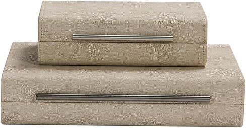 مجموعة Kingflux Ivory Shagreen مكونة من قطعتين صناديق تخزين مزخرفة لمنظم مجوهرات ديكور المنزل الحديث، منظم إكسسوارات للنساء والرجال مع مقبض معدني رمادي (عاجي) in Kuwait