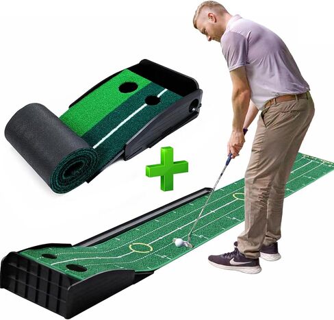 [ Combo Set ] EGOOIEYE Putting Green Set with Two Speeds, Indoors Putting Mat wtih Auto Ball Return, Training Mark, Putting Cup, 2 Hole Sizes, 4 Real Golf Balls, Golf Gifts in Kuwait