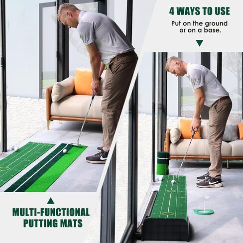 [ Combo Set ] EGOOIEYE Putting Green Set with Two Speeds, Indoors Putting Mat wtih Auto Ball Return, Training Mark, Putting Cup, 2 Hole Sizes, 4 Real Golf Balls, Golf Gifts in Kuwait