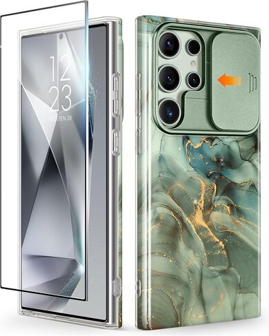 GVIEWIN Designed for Samsung Galaxy S24 Ultra Case with Slide Camera Cover+Screen Protector, [Military Grade Shockproof] Marble Slim Protective Phone Case for S24 Ultra 5G 6.8" (Quicksand/Purple) in Kuwait