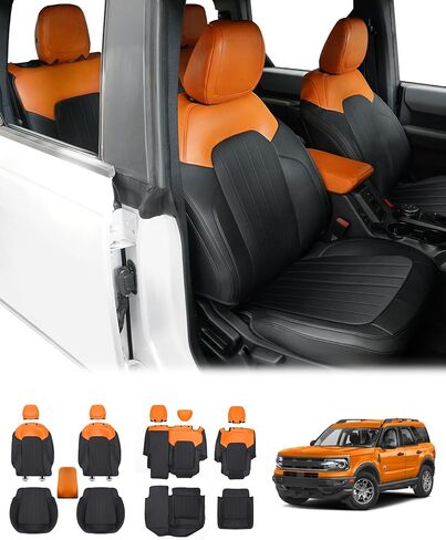 14 قطعة من أغطية المقاعد مجموعة كاملة مع مسند الظهر ومسند الذراع لسيارة Ford Bronco 2021-2023 2024 ملحقات 4 أبواب، أغطية مقاعد السيارة من جلد البولي يوريثان للأغطية الداخلية برونكو (برتقالي وأسود) in Kuwait