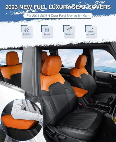 14 قطعة من أغطية المقاعد مجموعة كاملة مع مسند الظهر ومسند الذراع لسيارة Ford Bronco 2021-2023 2024 ملحقات 4 أبواب، أغطية مقاعد السيارة من جلد البولي يوريثان للأغطية الداخلية برونكو (برتقالي وأسود) in Kuwait