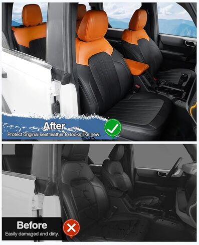 14 قطعة من أغطية المقاعد مجموعة كاملة مع مسند الظهر ومسند الذراع لسيارة Ford Bronco 2021-2023 2024 ملحقات 4 أبواب، أغطية مقاعد السيارة من جلد البولي يوريثان للأغطية الداخلية برونكو (برتقالي وأسود) in Kuwait