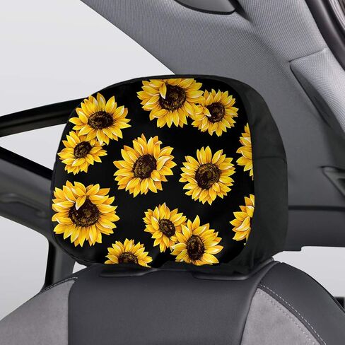 غطاء مسند رأس سيارة عباد الشمس الأصفر من BIGCARJOB، غطاء مسند رأس مقعد السيارة، غطاء تصميم قماشي واقٍ لتزيين جميع السيارات، مجموعة من 2 in Kuwait
