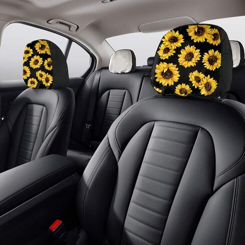 غطاء مسند رأس سيارة عباد الشمس الأصفر من BIGCARJOB، غطاء مسند رأس مقعد السيارة، غطاء تصميم قماشي واقٍ لتزيين جميع السيارات، مجموعة من 2 in Kuwait