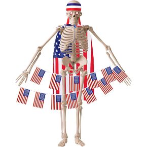 Mepase 12 ft Skeleton Memorial Day Accessories Patriotic Skeleton Costume, Red Blue White Flag Headband USA Patriotic Cape String Flag for 4th of July Independence Day Garden Lawn Decor