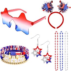 10pcs إكسسوارات 4 يوليو المحددة للنساء ، ونظارات شمسية وطنية ، وعصابة رأس زرقاء بيضاء حمراء ، وأقراط ، وقلائد وأساور ، وإمدادات الحفلات والاستقلال يوم الاستقلال