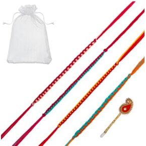 Set of 4 Rakhi for Brother Bhabhi and Bhatija Bhai Bhaiya Raksha Bandhan gift Rakhi Thread Rakhi with Roli Chawal and Greeting card gift pack in pouch/Potli bag