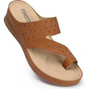 TEMOFON Women Summer Flip Flops: Comfortable Wedge Sandals - Dressy Casual Slip on Sandals - Brown Orthopedic Walking Sandals Size 9