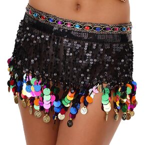 Women’s Belly Dance Hip Scarf with Sparkling Sequins & Gold Coins Adjustable Wrap Skirt for Performances, Practice Costume