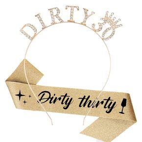 CAVETEE 30th Birthday Crown and Sash，Birthday Headband Gold Princess Tiara DIRTY 30 Sash and Crown Happy Birthday Decorations for 30th Birthday Gifts