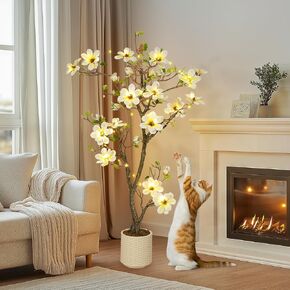 5FT Faux Magnolia Plants Artificial Flower Trees Fake Plants For Yard Patio Home Office Arrangement Decor Indoor Outdoor Artificial Magnolia Tree Inc. 120 Realisc Flowers Vivid Leaves Mosses White Pot