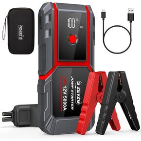 S ZEVZO H021 Car Battery Jump Starter, 5000A Jump Starter Battery Pack for Up to 10.0L Gas and 8.0L Diesel Engines, 12V Portable Jump Box with LCD Display, Jumper Cables, 3 Modes Flashlight, Red