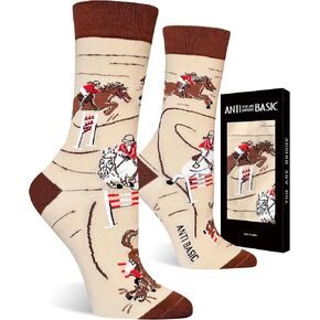 ANTI BASIC Novelty Horse Socks Gift for Girls - Equestrian Riding Crew Socks with Horse Print (Fits US 6-12)(riding)
