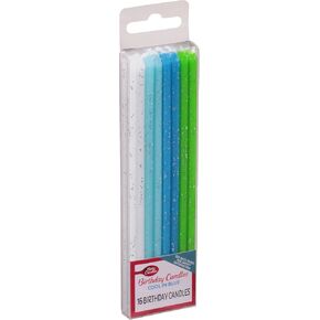 Betty Crocker Cool in Blue Birthday Candles, 16 Count, Tall 6-Inch Candles in Multiple Shades of Blue and Green with Glitter