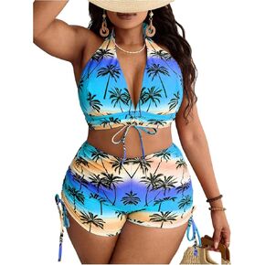Women's 2 Piece Tropical Bikini Set Plus Size Halter Tie Backless Bathing Shorts Bathing Suit Swimwear