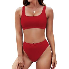 Pink Queen Women's Push up Padded High Waist Thong Bikini Set Swimsuit Two Piece Beach Party Bathing Suits S Red