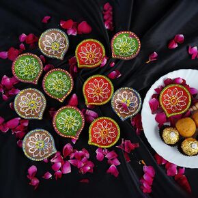 12 Pc Terracotta Handpainted Diya Set - Multicolor Decorative Clay Diyas for Diwali Pooja & Thanksgiving Celebrations | Unique Indian Gift Item | Natural Mitti Earthen Diyas
