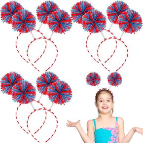 6 PCS POM POM BEADS - 4th of July Head Boppers - Fluffy Ball Yarn Hairband - Party Hair Association for Women Girls - وطني أبيض أزرق