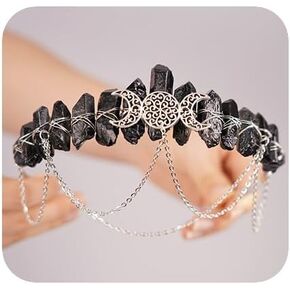 JWICOS Raw Crystal Quartz Tiara Headband for Halloween Moon Crystal Boho Tiara Goddess Crown for Party Wedding Bride Headpiece for Women