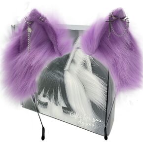 Agymo Handmade Purple Wolf Ears with earrings accessores,Animal furry ears headbands with Punk Gothic chains, Halloween costume accessory